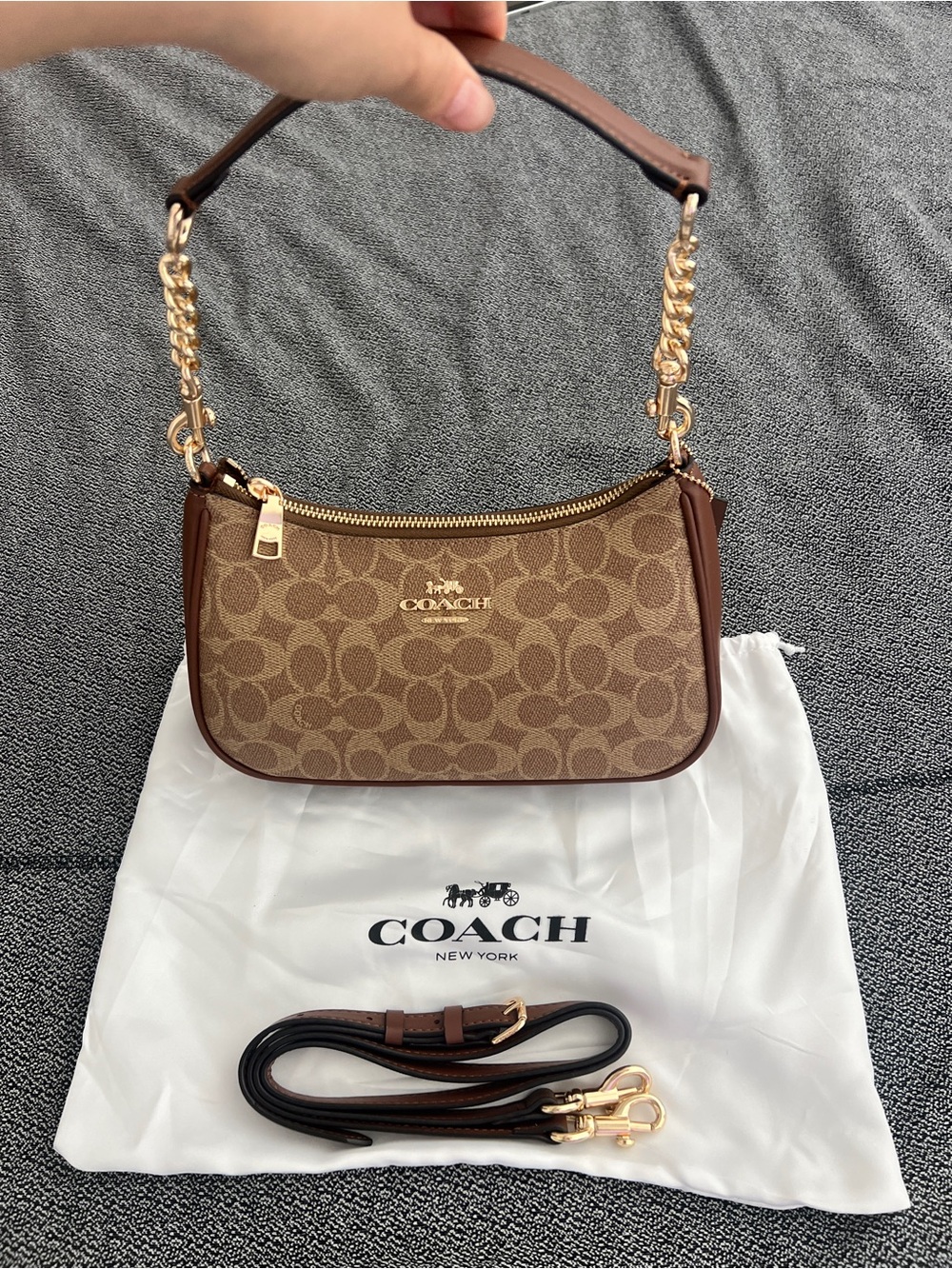 Coach Brown Signature Canvas Shoulder Bag with Gold Hardware